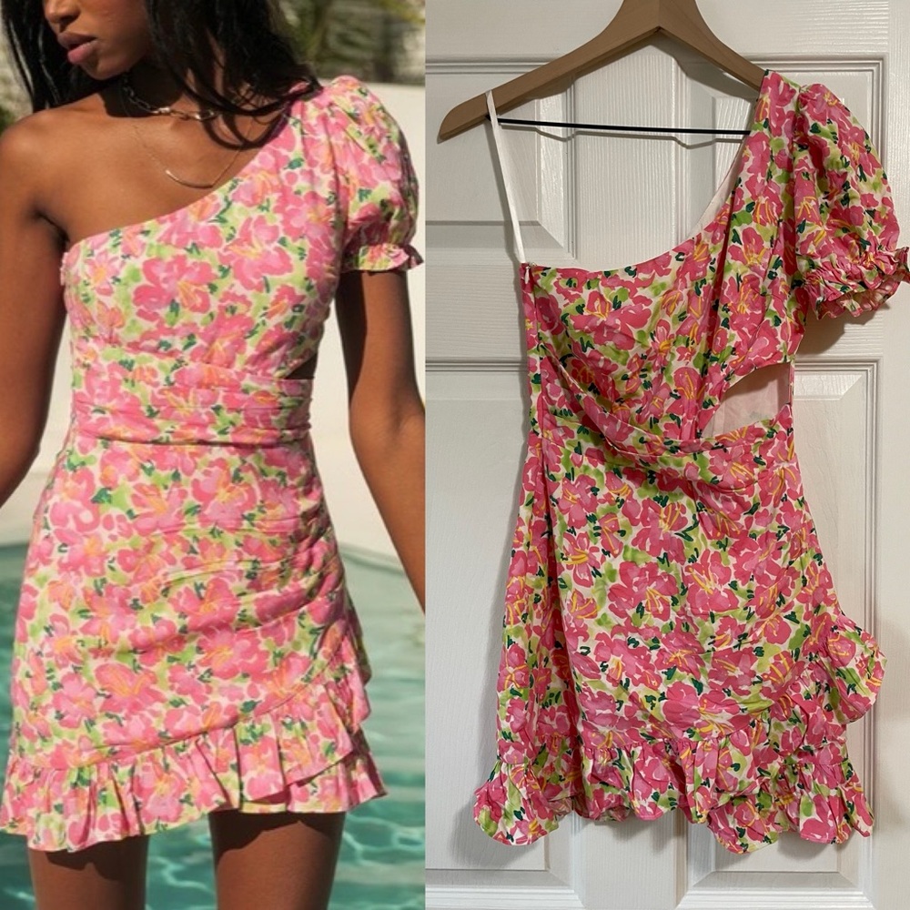 Seven Wonders Floral Ruffle One Shoulder Mini Dress